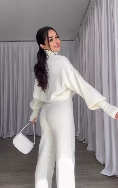 Siriana - Coordinato dolcevita e pantalone svasato donna BIANCO