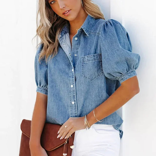 Greta – Camicetta Blu Donna con Bottoni e Maniche Sbuffo