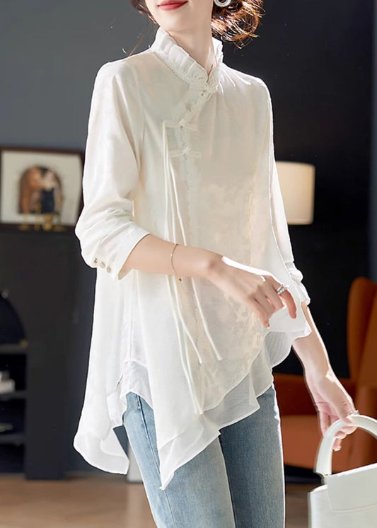 Sondra - Blusa bianca elegante in chiffon con volant donna Bianco
