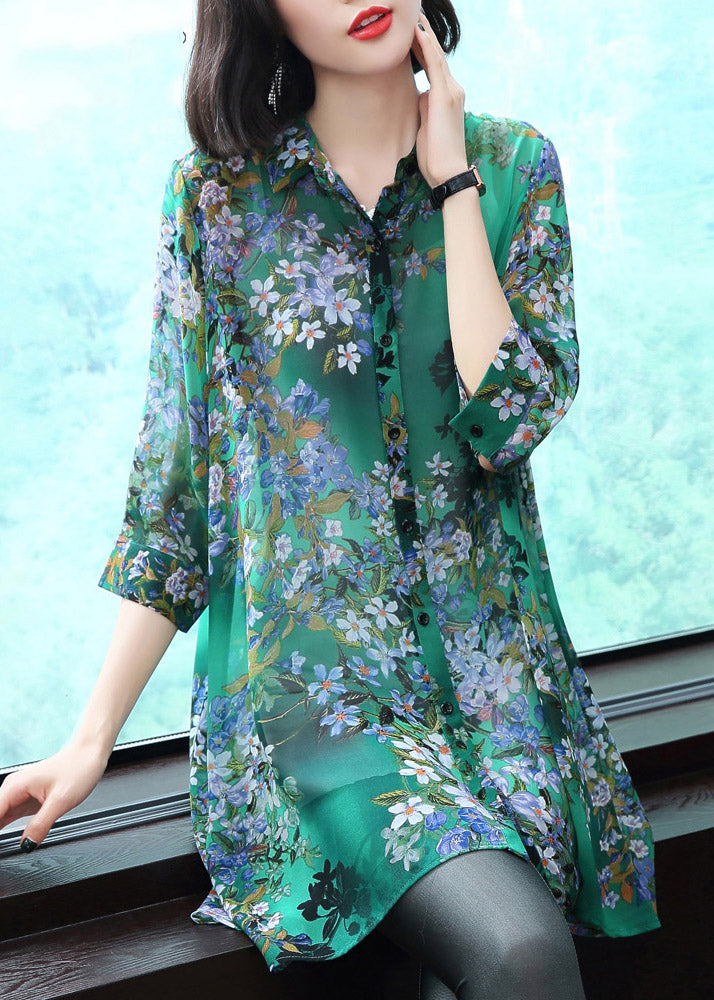 Masinia – Top in Chiffon con Colletto Peter Pan Bottoni e Stampa Estivo