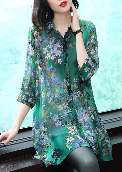 Masinia – Top in Chiffon con Colletto Peter Pan Bottoni e Stampa Estivo