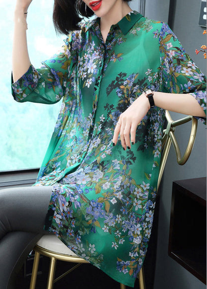Masinia – Top in Chiffon con Colletto Peter Pan Bottoni e Stampa Estivo