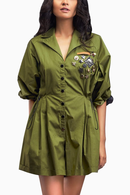 Quinoria - Tuta Playsuit Verde Plissé Colletto Donna Moderna