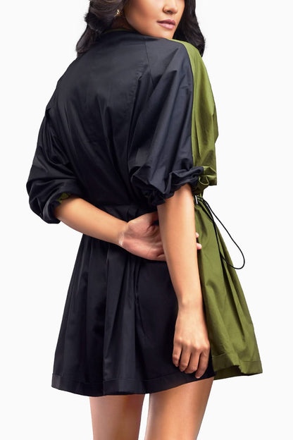 Quinoria - Tuta Playsuit Verde Plissé Colletto Donna Moderna