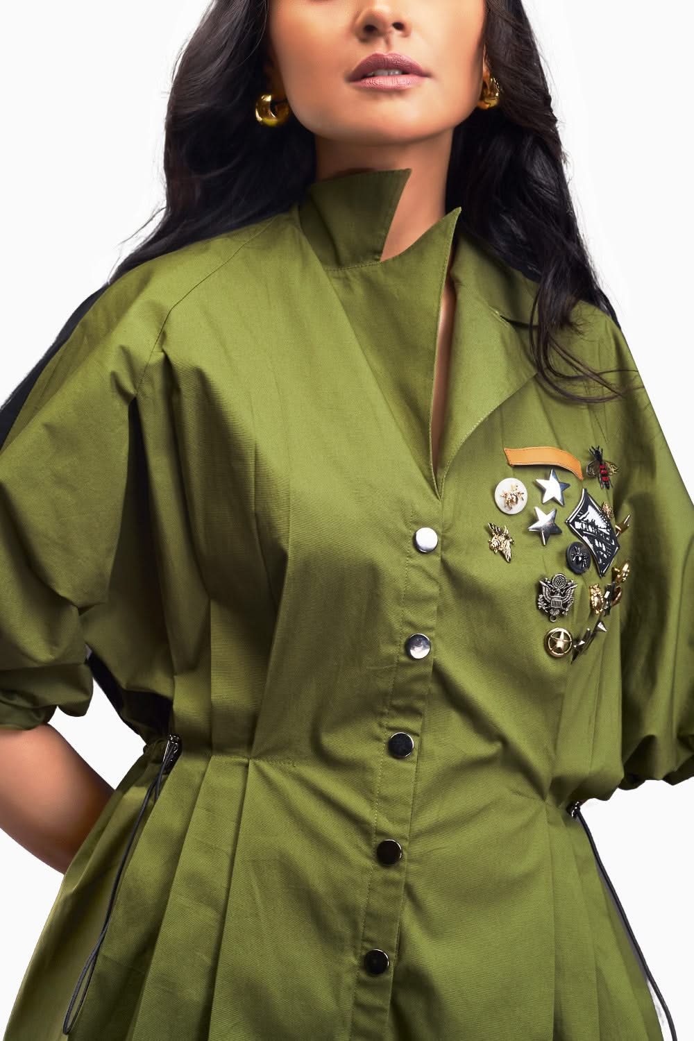 Quinoria - Tuta Playsuit Verde Plissé Colletto Donna Moderna