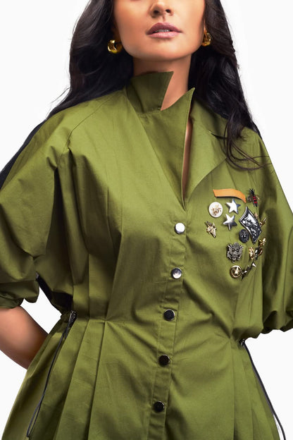 Quinoria - Tuta Playsuit Verde Plissé Colletto Donna Moderna