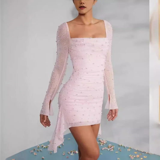 Tania - Abito elegante con perline maniche lunghe donna Rosa