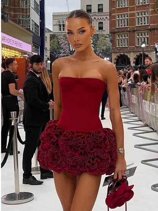 Udilia - Mini abito strapless con rose 3D donna Rosso