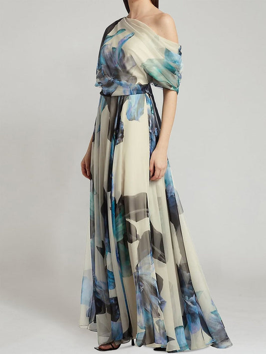 Ugolina - Abito lungo monospalla in chiffon stampato donna Blu