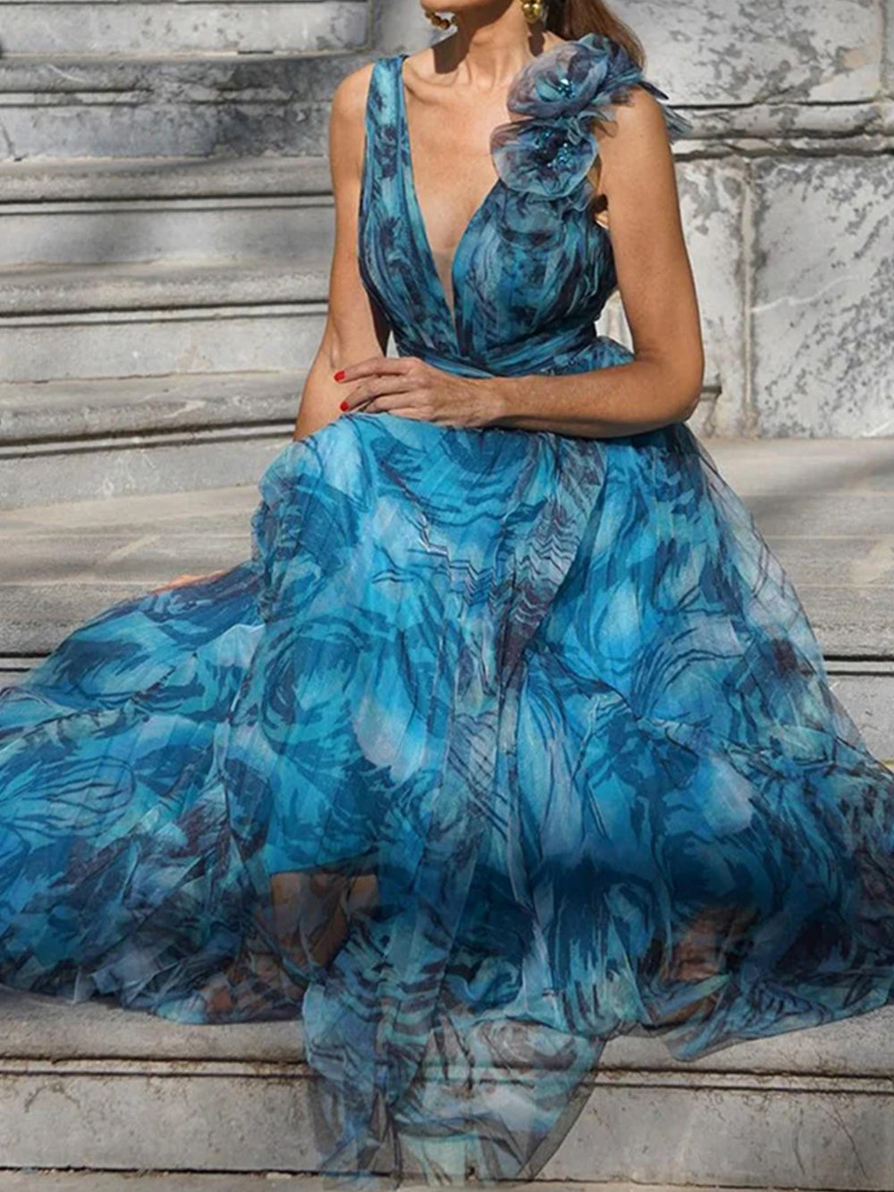 Ulalia - Abito lungo in tulle stampato elegante donna Blu