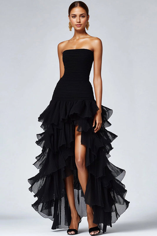 Ursina - Abito formale nero in tulle con volant donna Nero