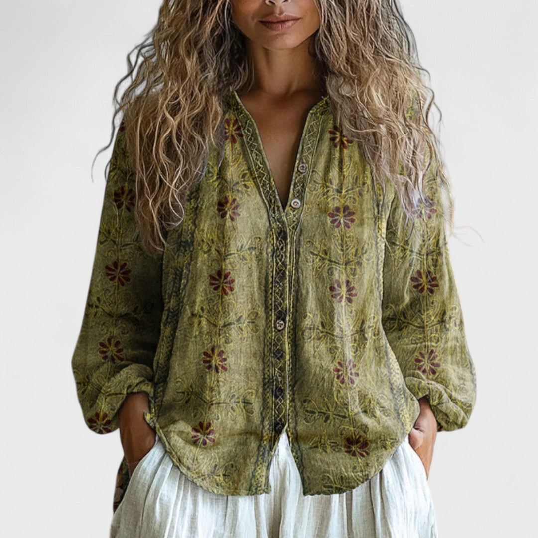 Bruna – Camicetta Con Stampa A Foglie Stile Vintage