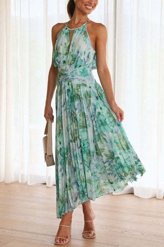Victoire- Abito midi plissettato con scollo a goccia e fiori Verde