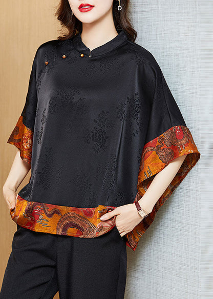 Zara - Camicia Nera Vintage Collo Mandarin Patchwork