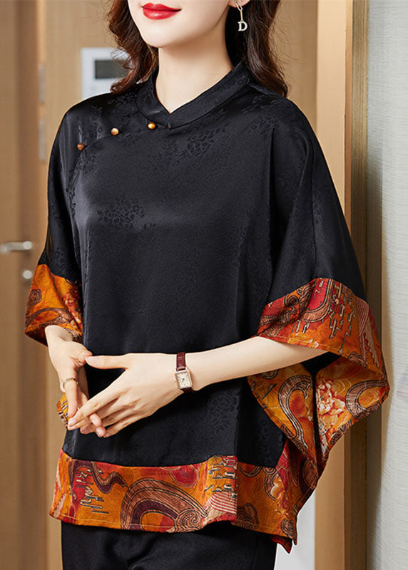 Zara - Camicia Nera Vintage Collo Mandarin Patchwork