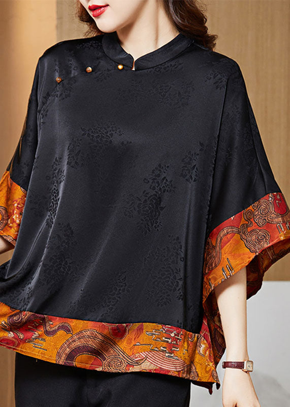 Zara - Camicia Nera Vintage Collo Mandarin Patchwork