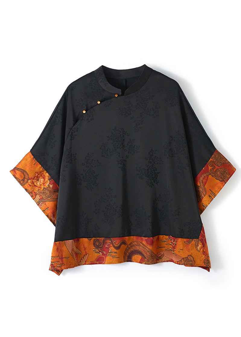 Zara - Camicia Nera Vintage Collo Mandarin Patchwork