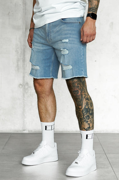 Rosario - Shorts Jeans Uomo Blu Washed Destroyed Moderni