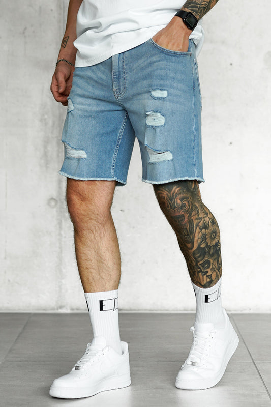 Rosario - Shorts Jeans Uomo Blu Washed Destroyed Moderni