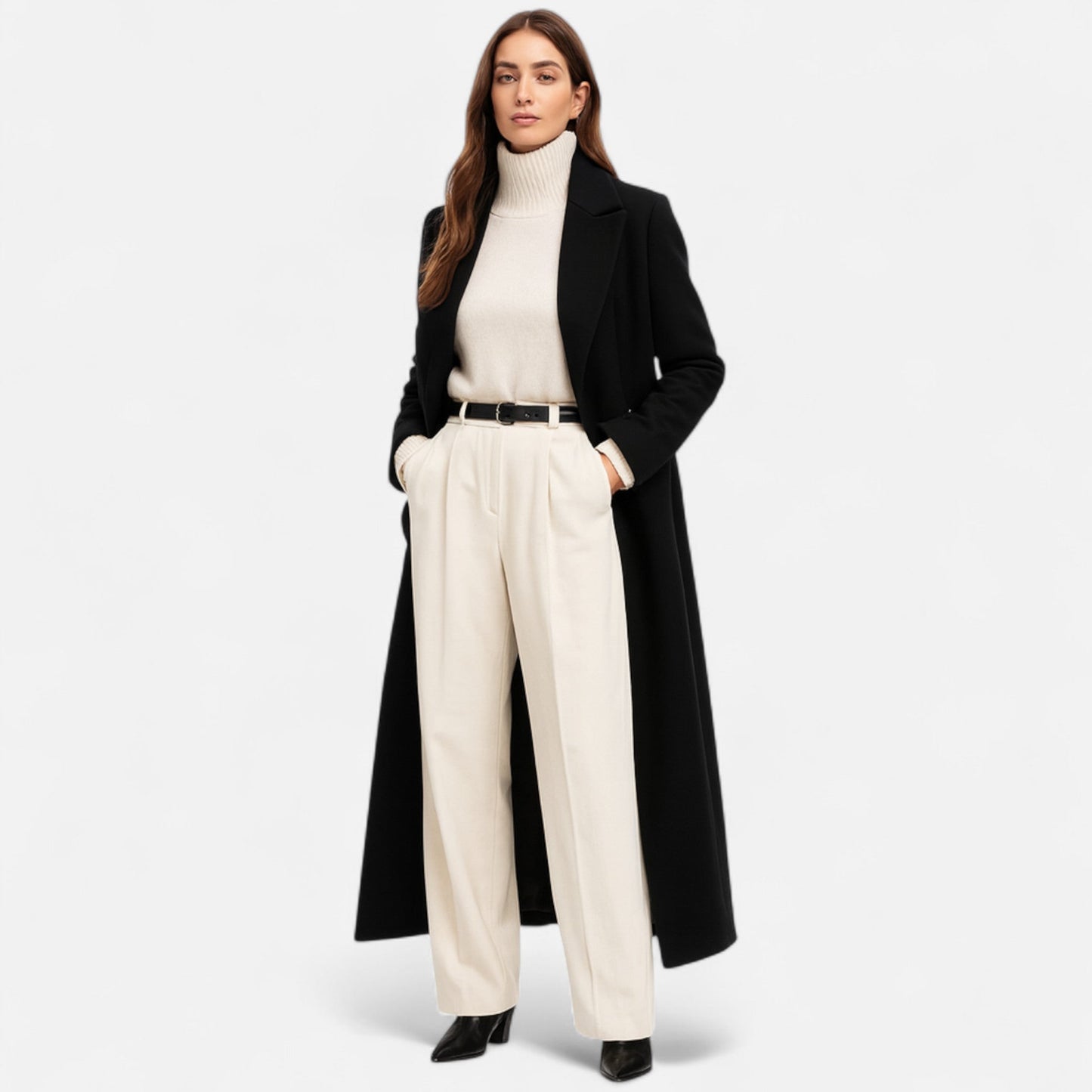 Serena – Cappotto Maxi Nero Con Rever Dentellato E Bottoni
