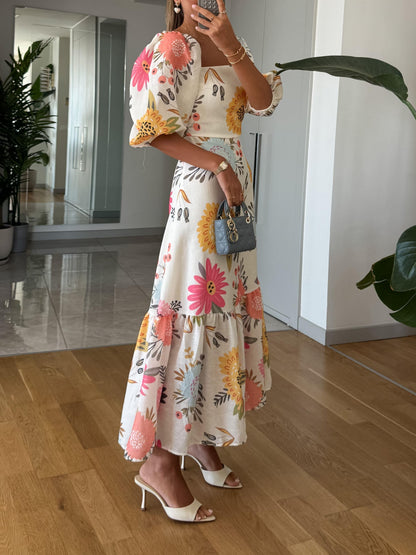 Lavinia - Vestito donna midi floreale scollo quadrato elegante