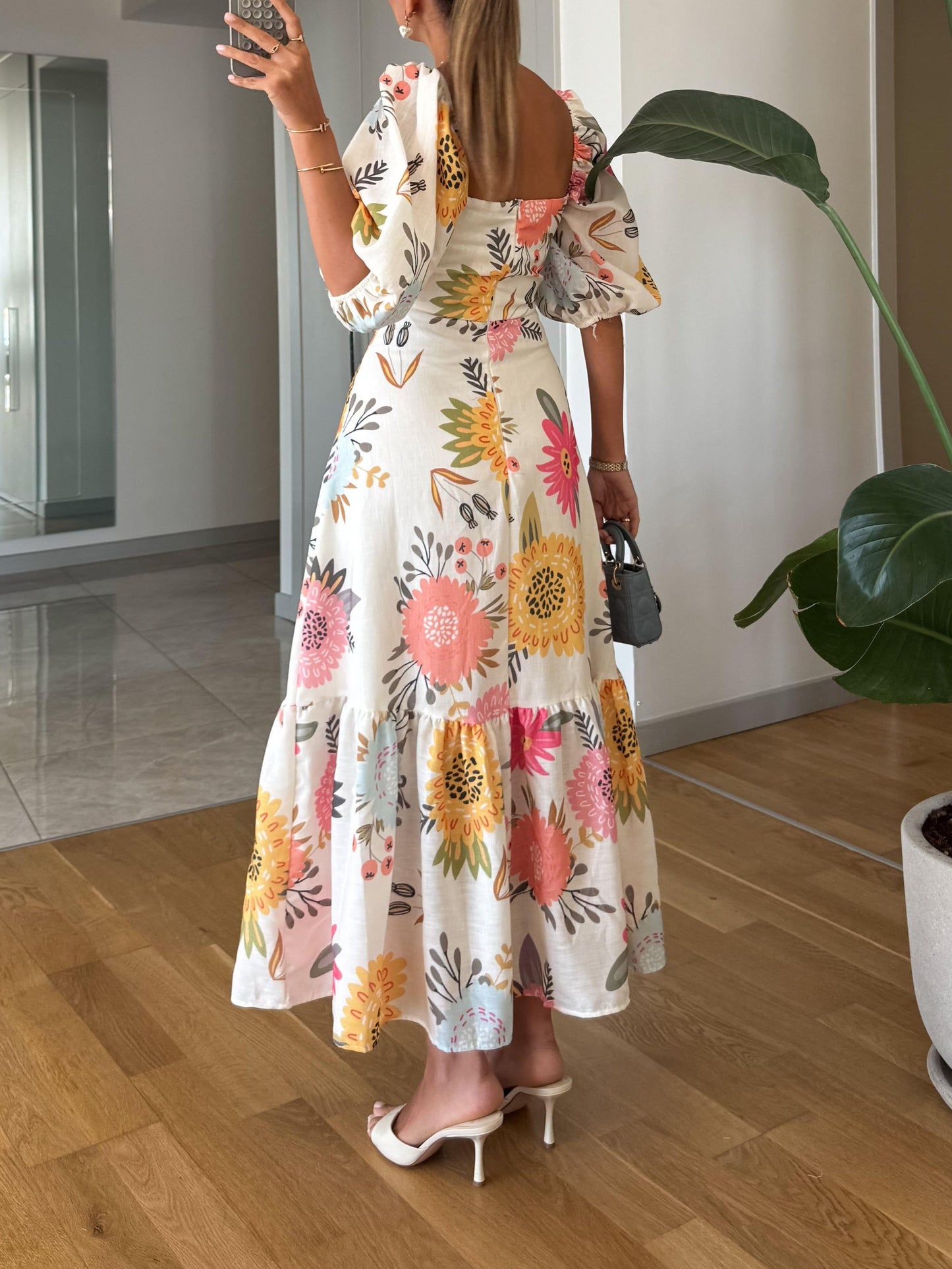 Lavinia - Vestito donna midi floreale scollo quadrato elegante