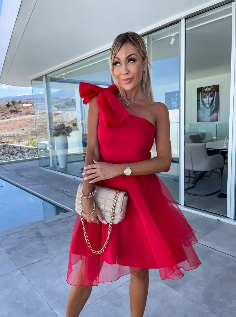 Giorgia - Abito Corto Monospalla Fiocco Tulle Plissettato Donna