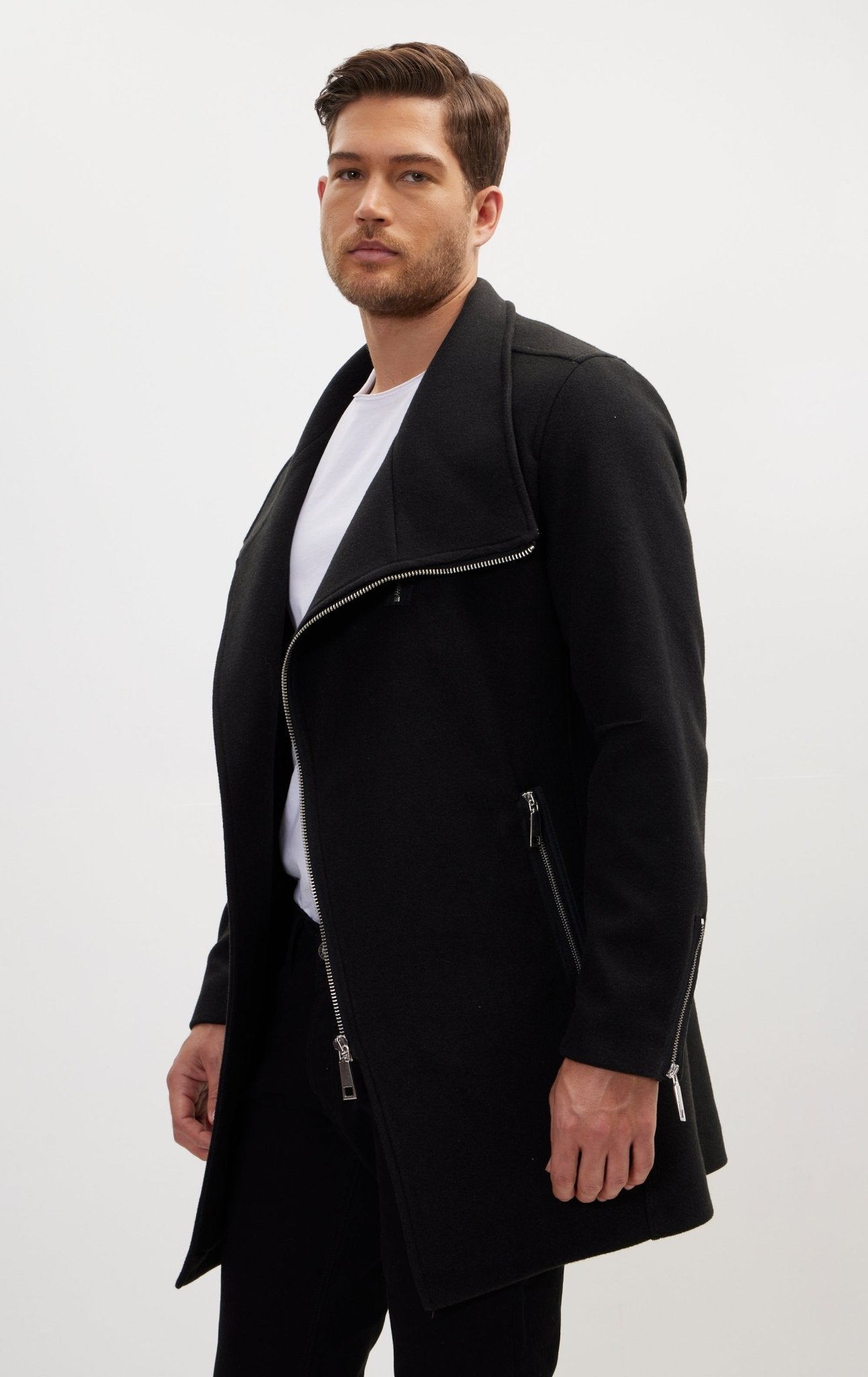 Lando - Cappotto Uomo Zip Asimmetrica Nero Moderno