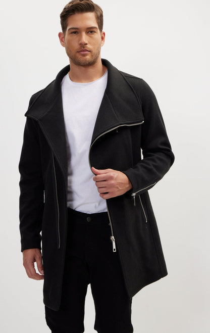Lando - Cappotto Uomo Zip Asimmetrica Nero Moderno