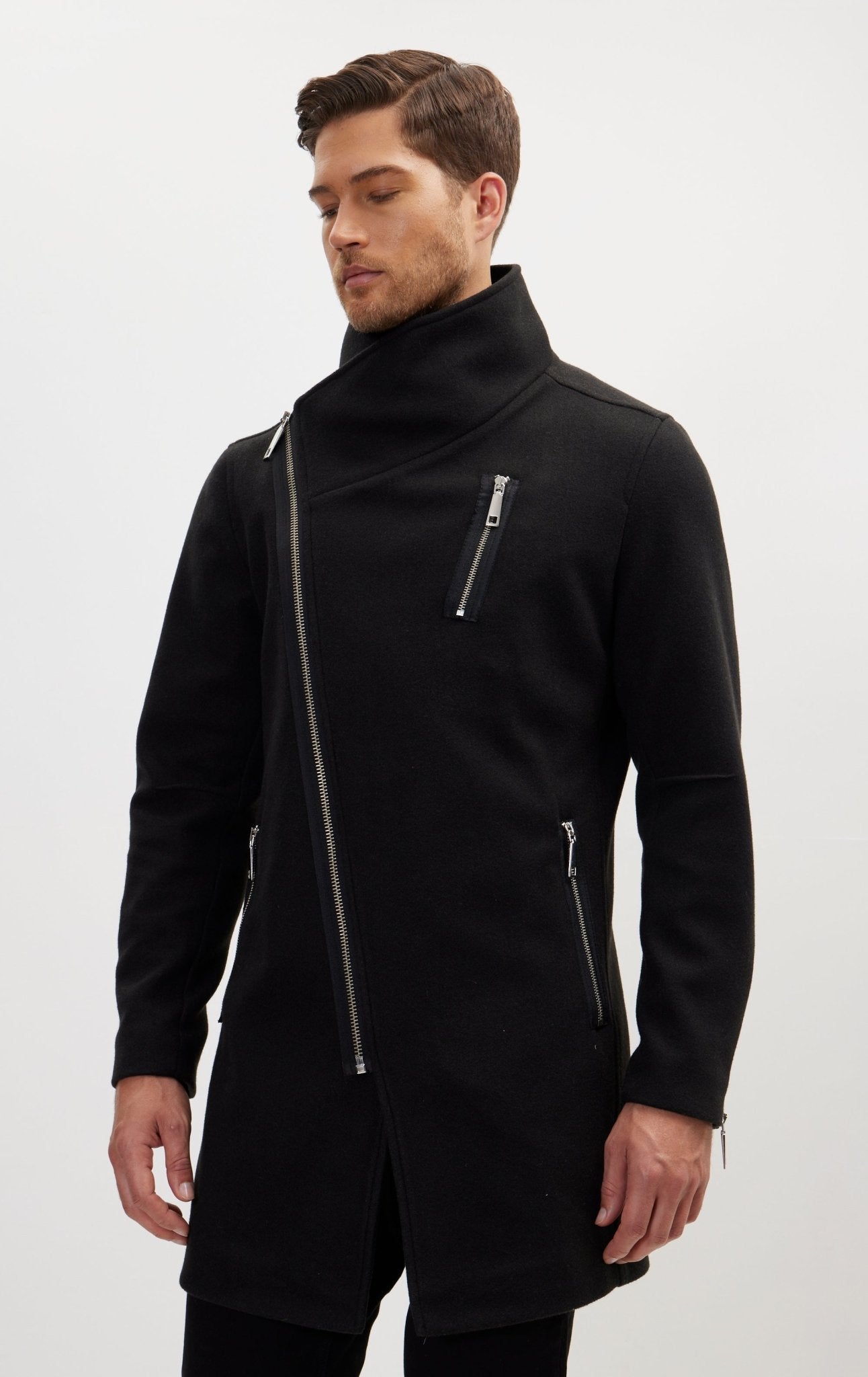 Lando - Cappotto Uomo Zip Asimmetrica Nero Moderno
