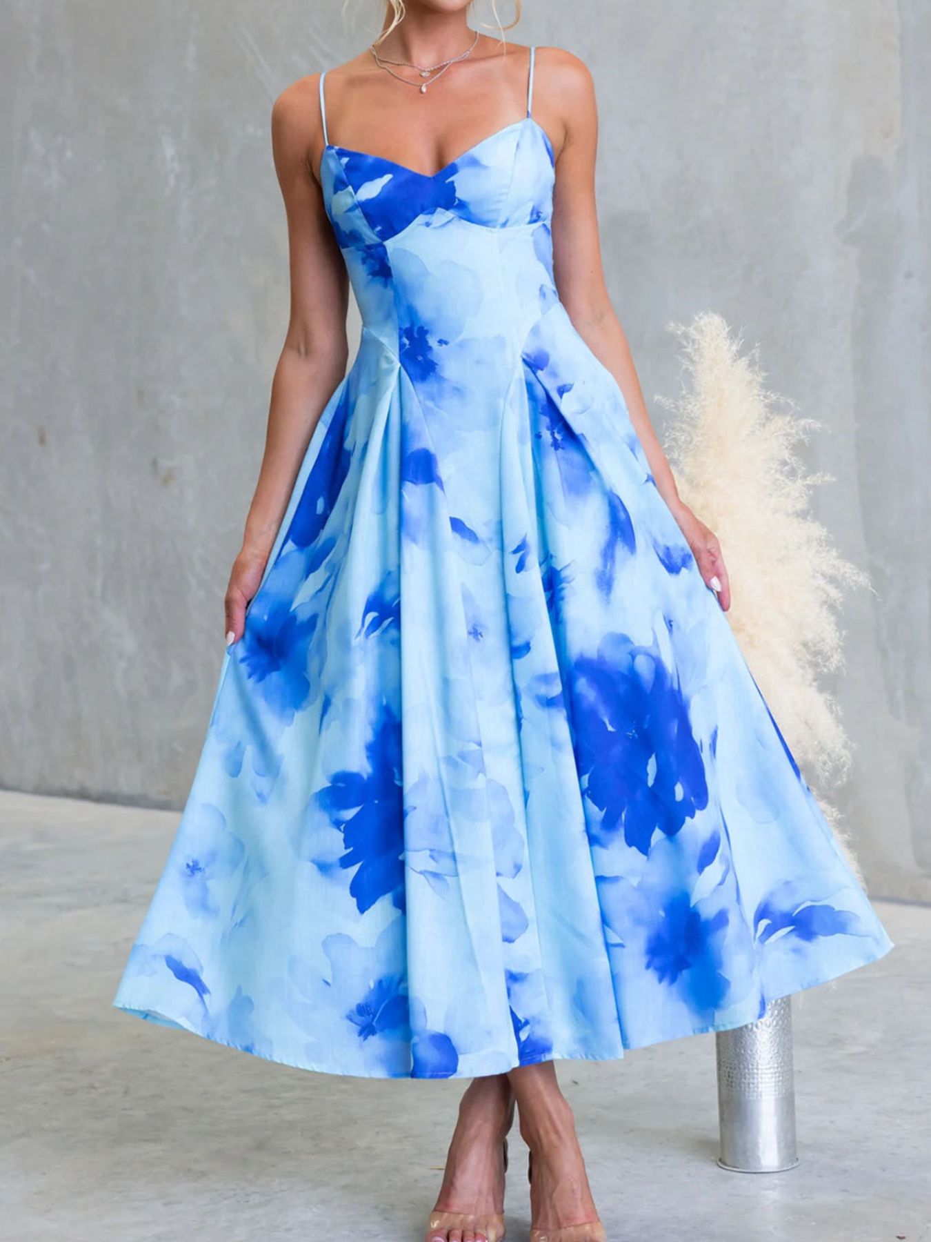 Milena - Abito Midi Stampa Floreale Spalline Sottili Donna