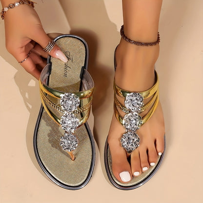 Mattea - Sandali donna flat T-strap strass eleganti