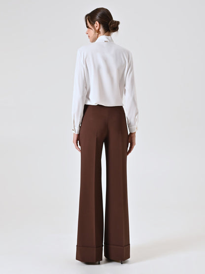 Quinella - Pantaloni Ampi Marrone Cioccolato Maxi Risvolto Donna