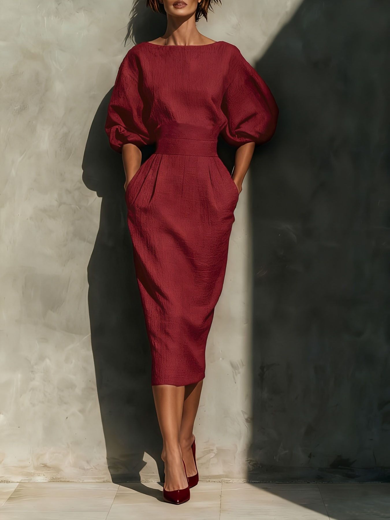 Kalliope - Abito Midi Donna Maniche Sbuffo Collo Tondo