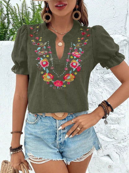 Klea - Blusa Donna Maniche Sbuffo Ricamo Floreale Elegante