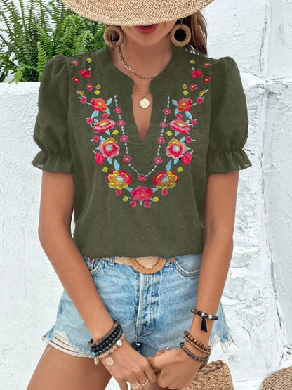 Klea - Blusa Donna Maniche Sbuffo Ricamo Floreale Elegante