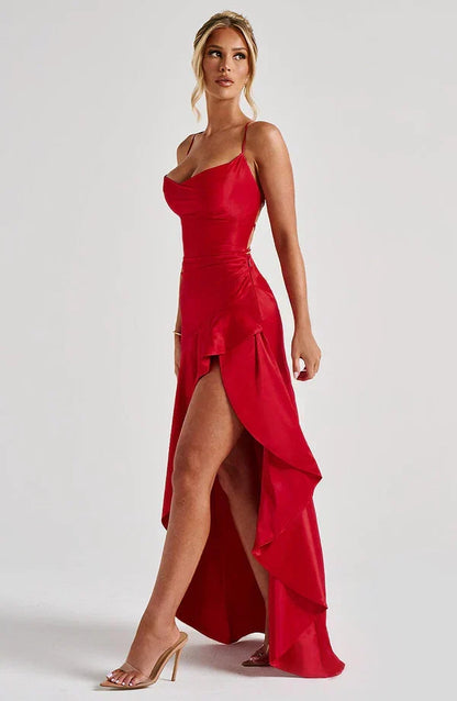 Isabella - Vestito Lungo Spalline Scollo Cascata Volant Donna