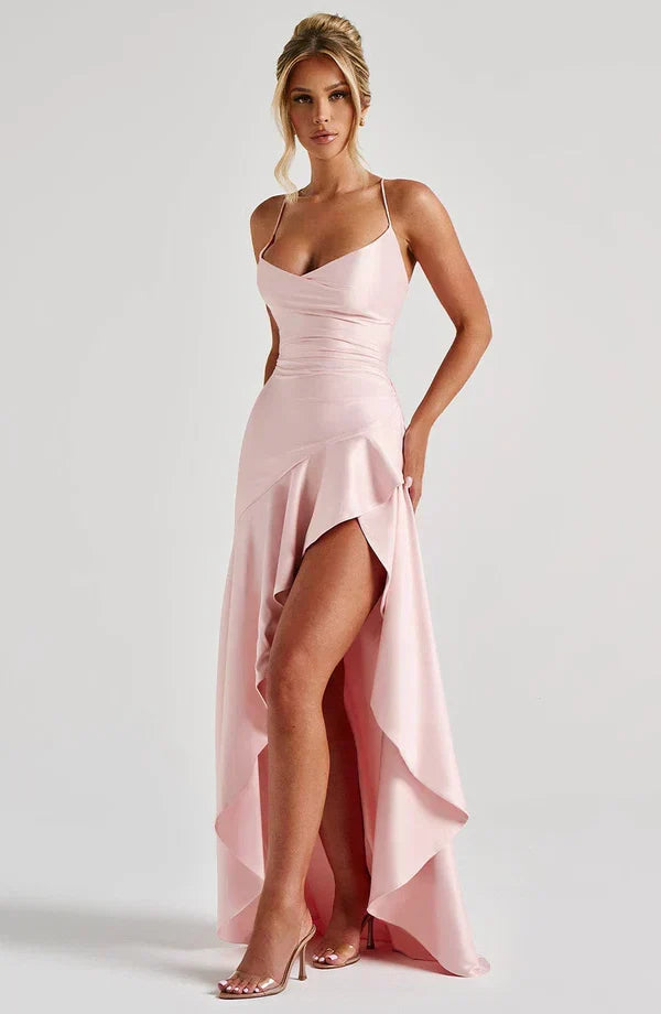 Isabella - Vestito Lungo Spalline Scollo Cascata Volant Donna