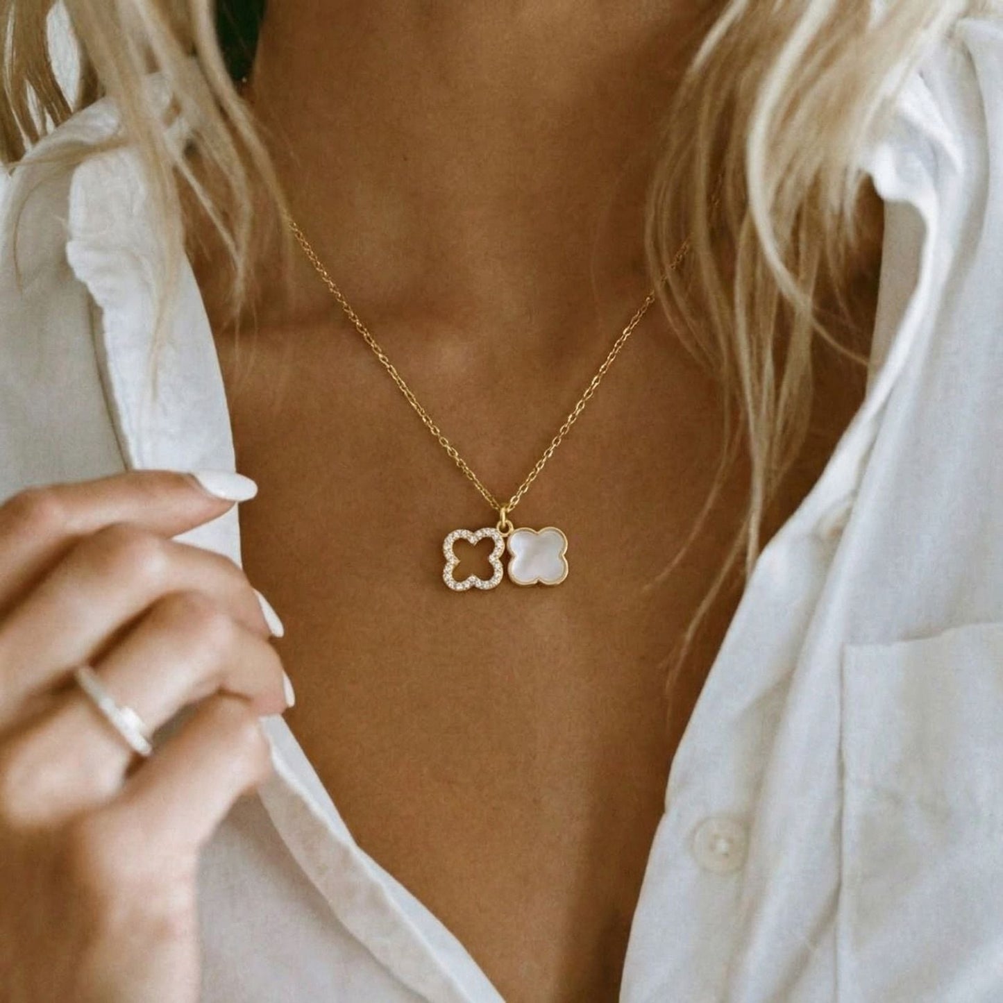 Cristina - Collana Doppio Trifoglio Pendente Oro Nero Donna
