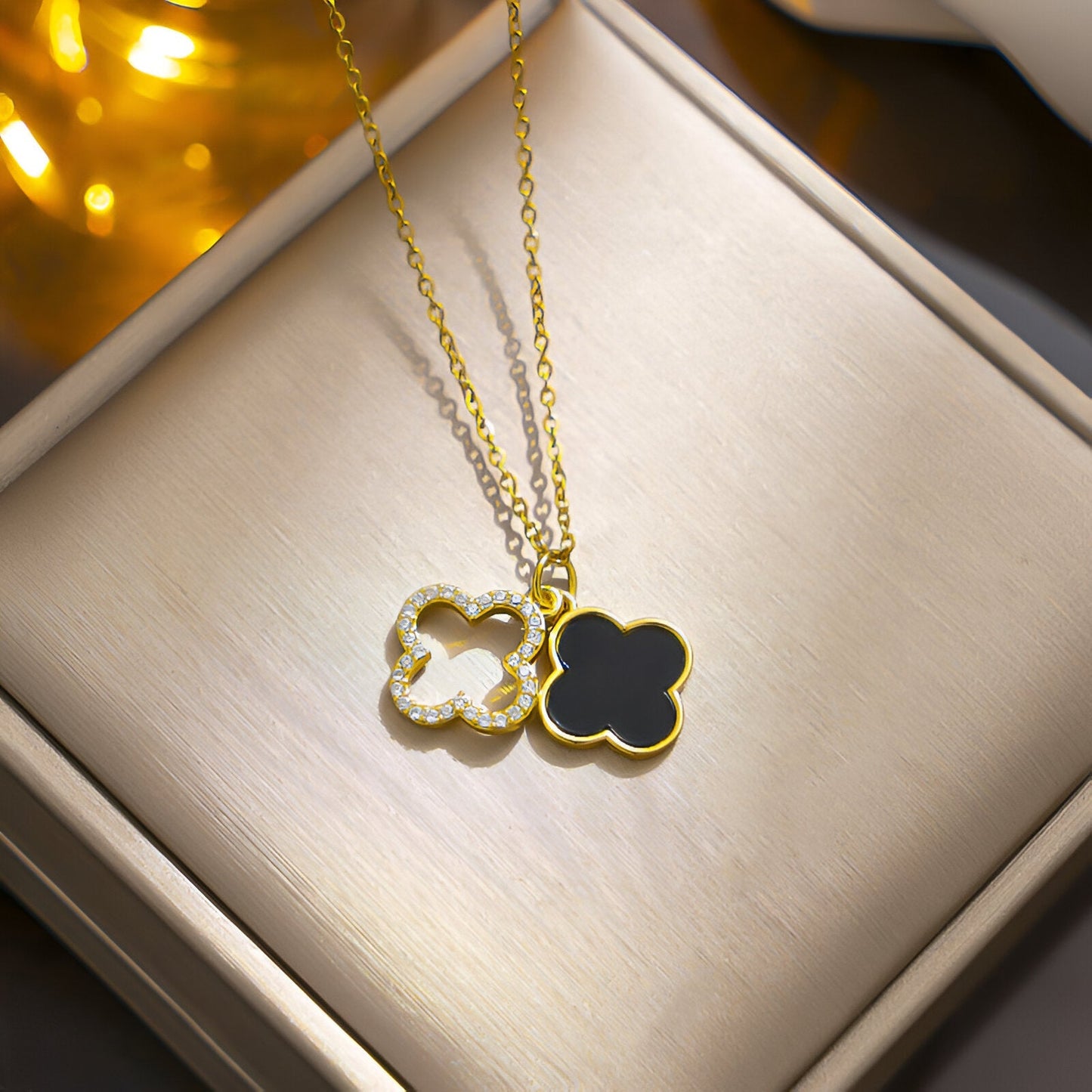 Cristina - Collana Doppio Trifoglio Pendente Oro Nero Donna