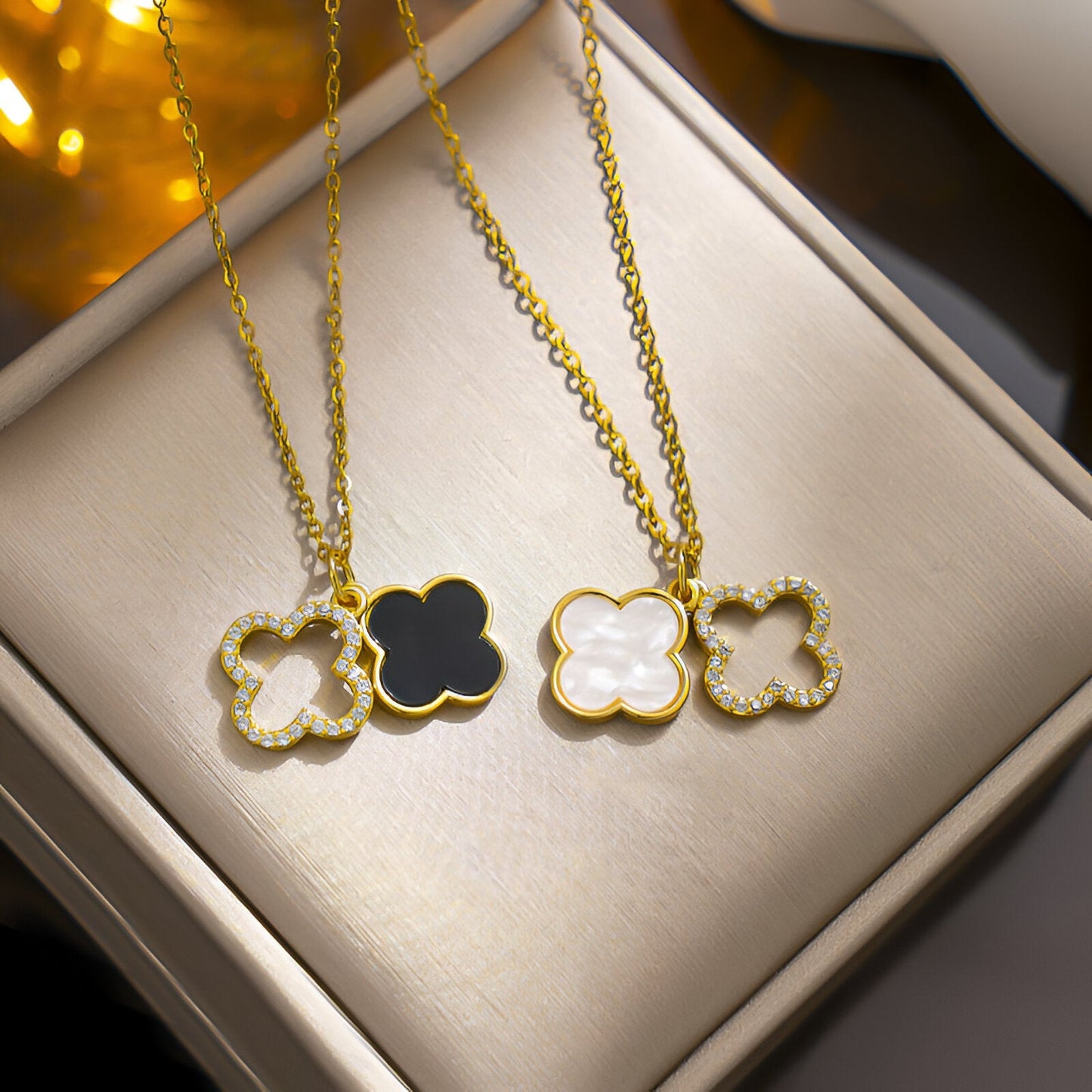 Cristina - Collana Doppio Trifoglio Pendente Oro Nero Donna