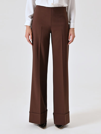 Quinella - Pantaloni Ampi Marrone Cioccolato Maxi Risvolto Donna