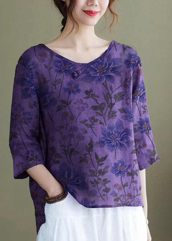 Gaia - Top Viola Ricamato Mezzo Manica Donna