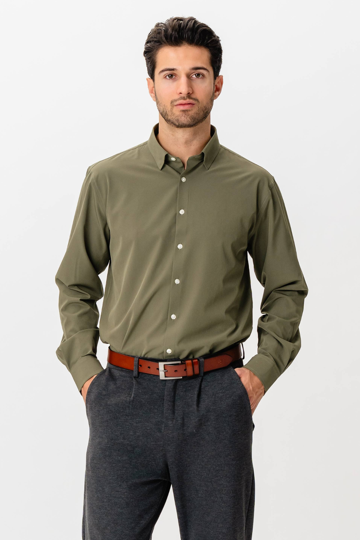 Leandro - Camicia Uomo Verde Oliva Elegante Casual