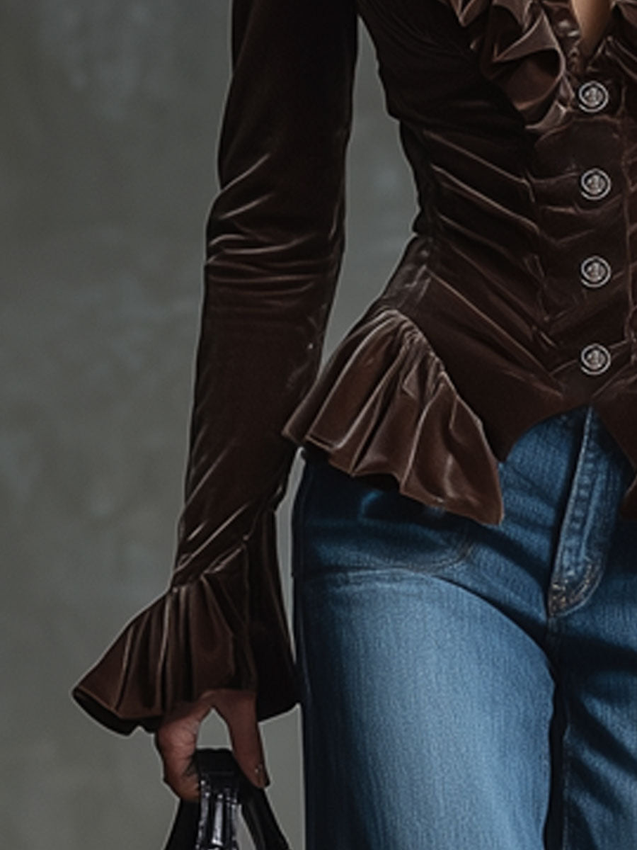 Tita - Camicia Donna Retrò Marrone con Volants