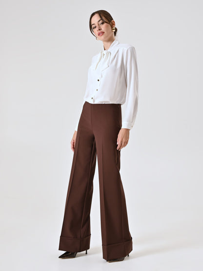 Quinella - Pantaloni Ampi Marrone Cioccolato Maxi Risvolto Donna