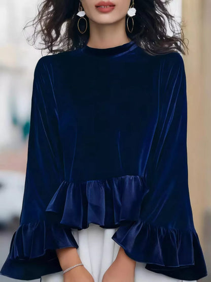 Karmen - Blusa Donna Velluto Volant Orlo Elegante Chic