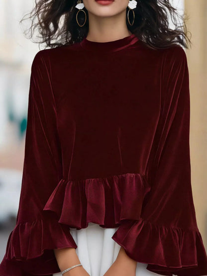 Karmen - Blusa Donna Velluto Volant Orlo Elegante Chic