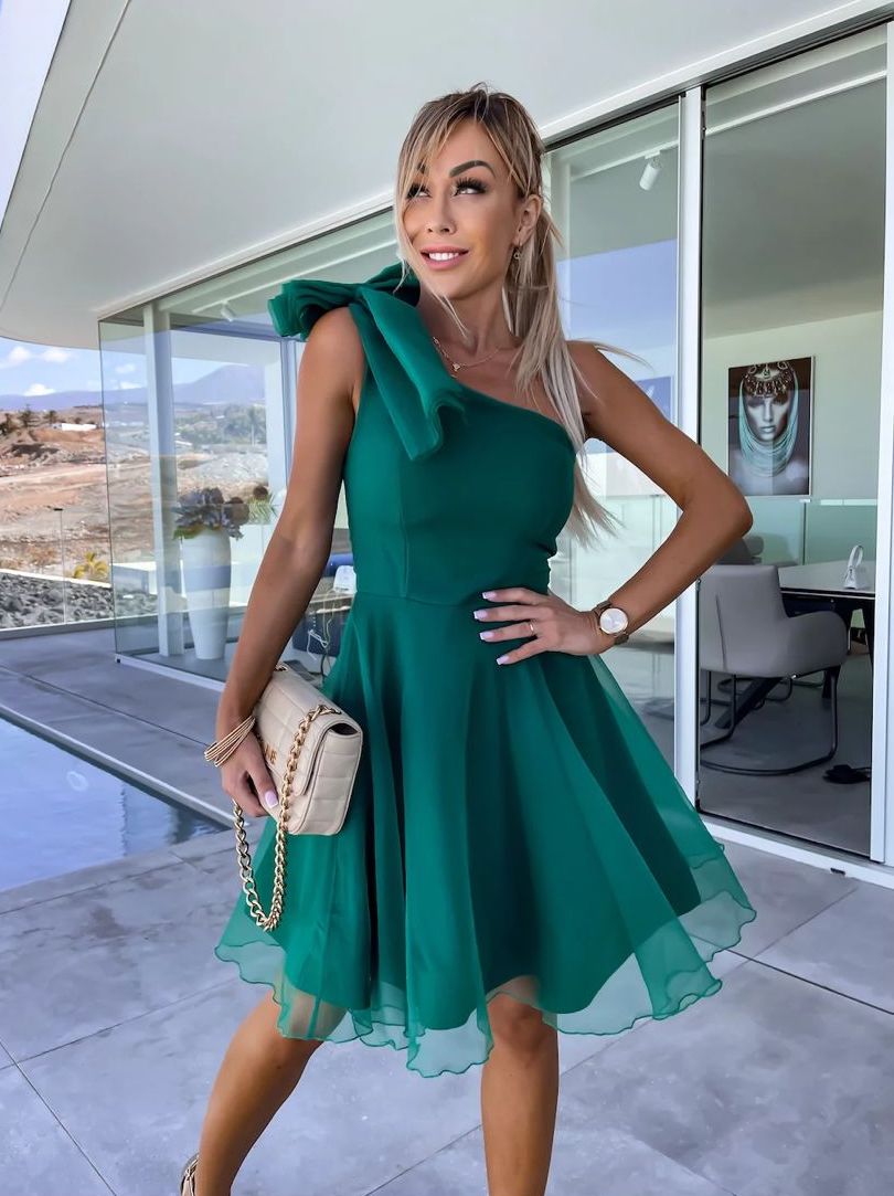Giorgia - Abito Corto Monospalla Fiocco Tulle Plissettato Donna