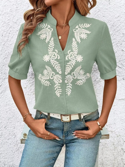 Kostanza - Blusa Donna Ricamata Scollo Manica Corta Chic